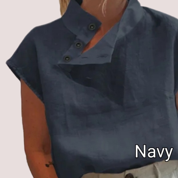 🆕Linen Cap Short Sleeve Modern Button Mock Neck Black Summer Shirt Small - Picture 3 of 4